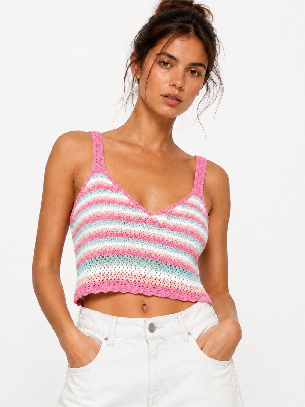 Hollister Crochet Knit Crop Tank Top Pink Striped Boho Coquette Beachy Coastal L